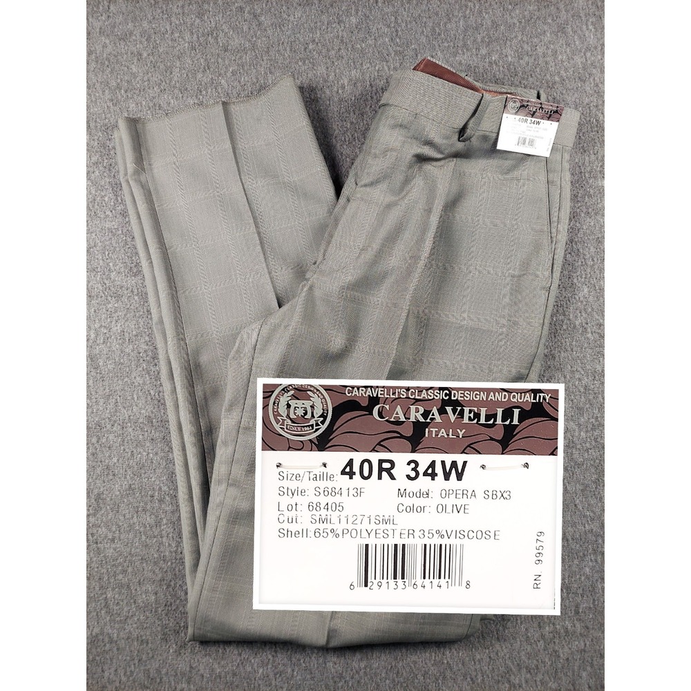 Caravelli Dress Pants Mens 34 Unhemmed Trousers Olive Plaid Lightweight NWT